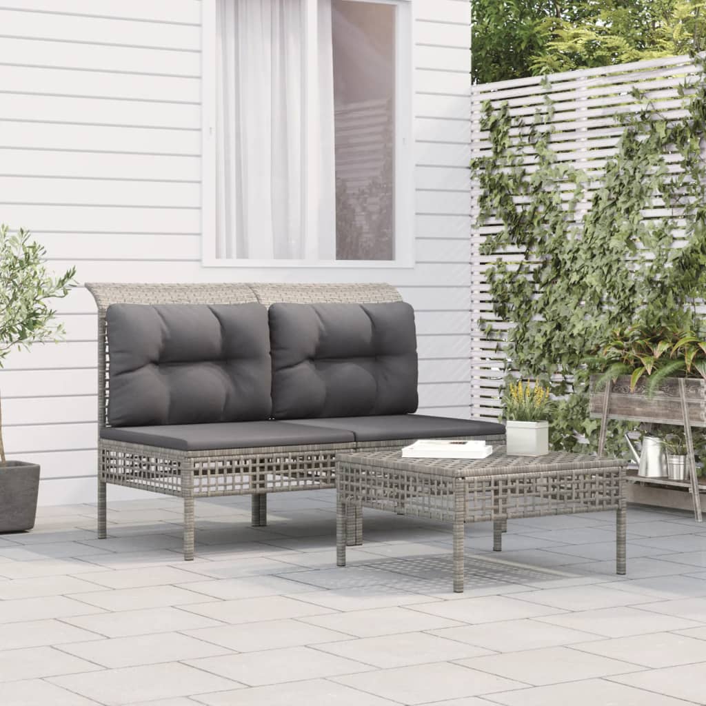 Set Divani da Giardino 3 pz con Cuscini in Polyrattan Grigio