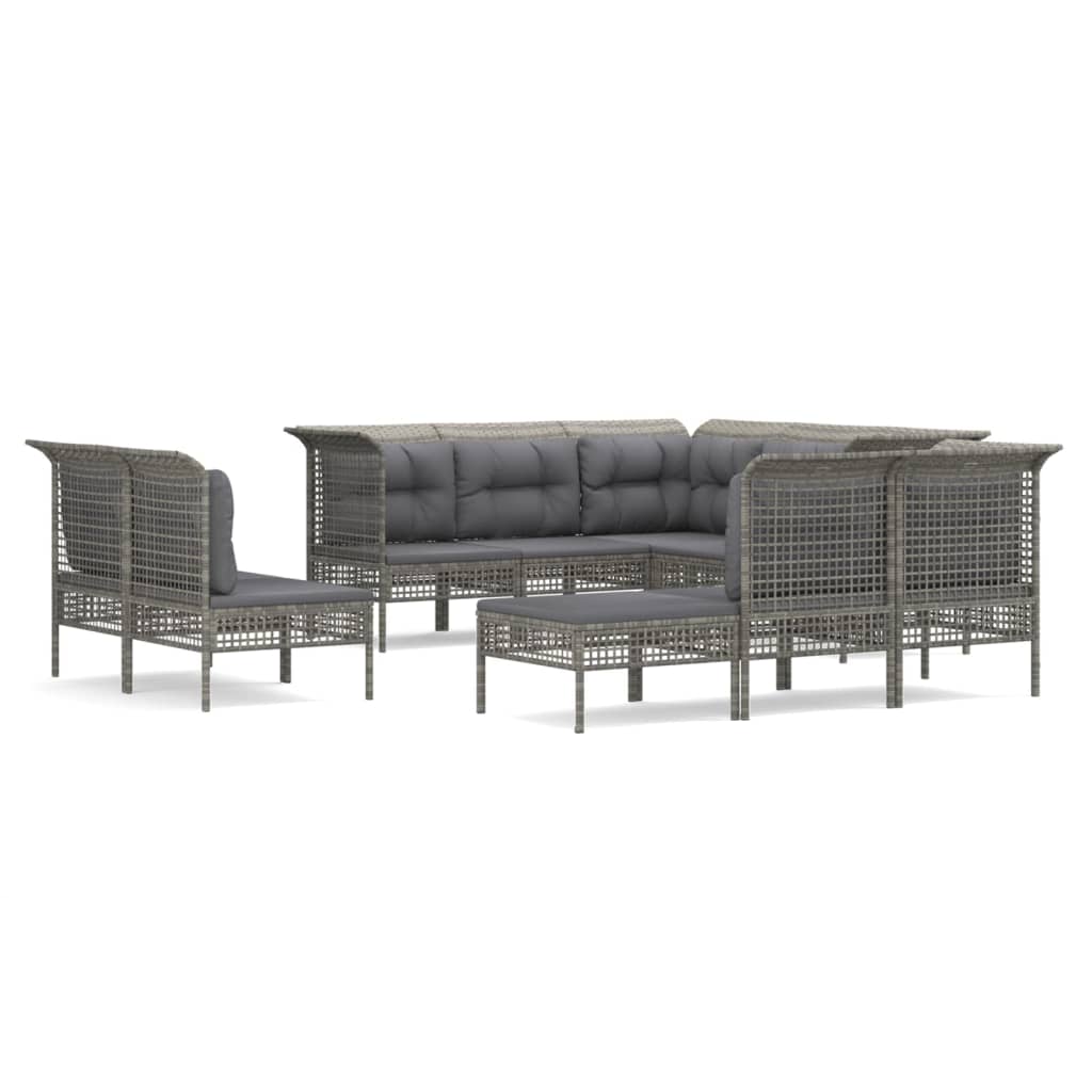 Set Divani da Giardino 10 pz con Cuscini in Polyrattan Grigio