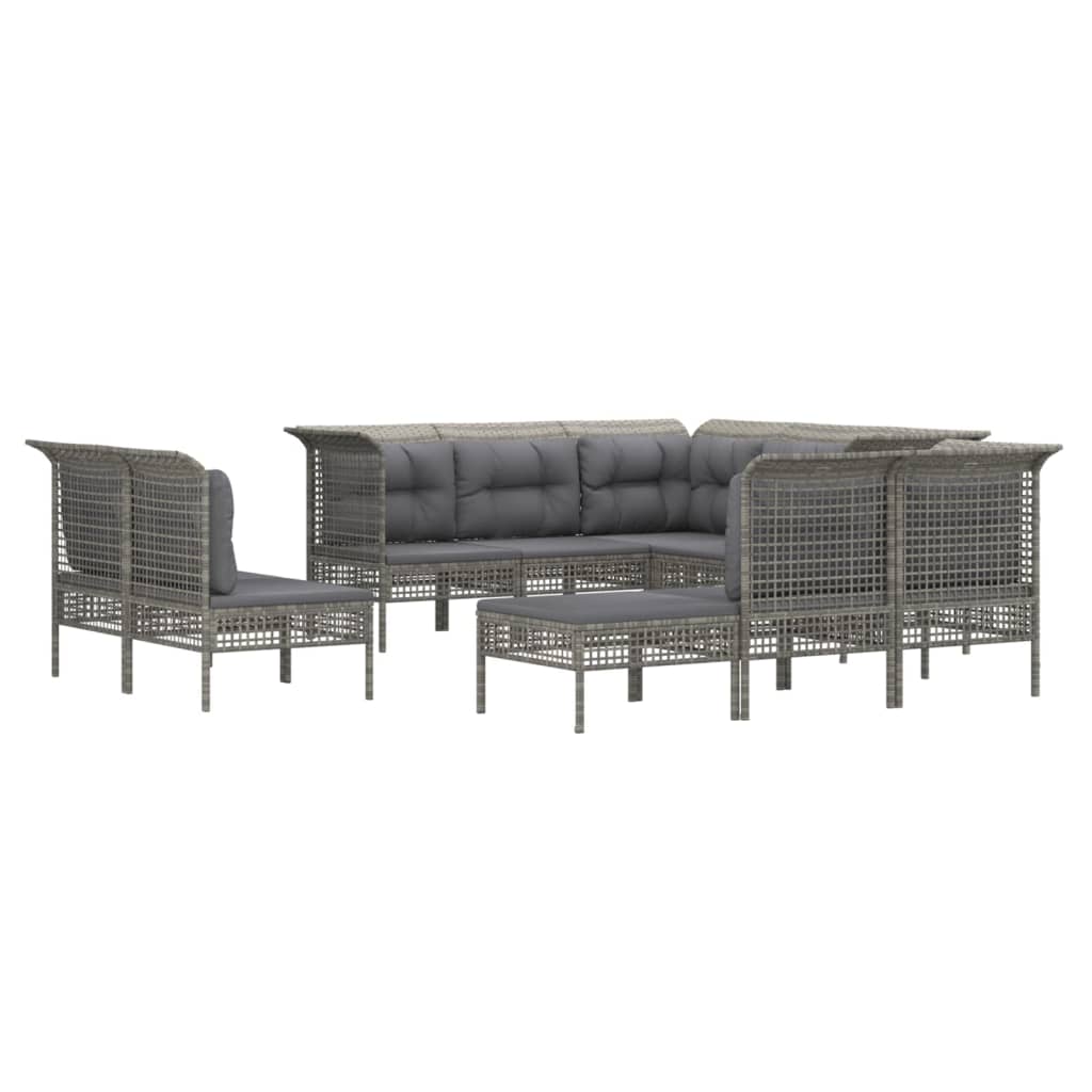 Set Divani da Giardino 10 pz con Cuscini in Polyrattan Grigio