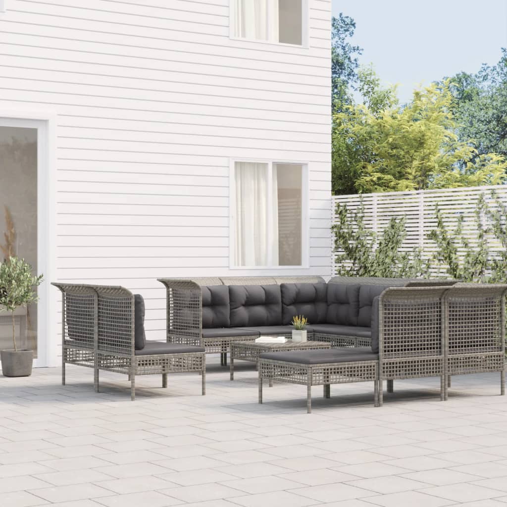 Set Divani da Giardino 10 pz con Cuscini in Polyrattan Grigio