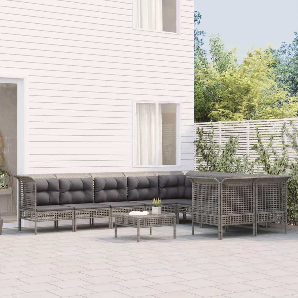 Set Divani da Giardino 10 pz con Cuscini in Polyrattan Grigio