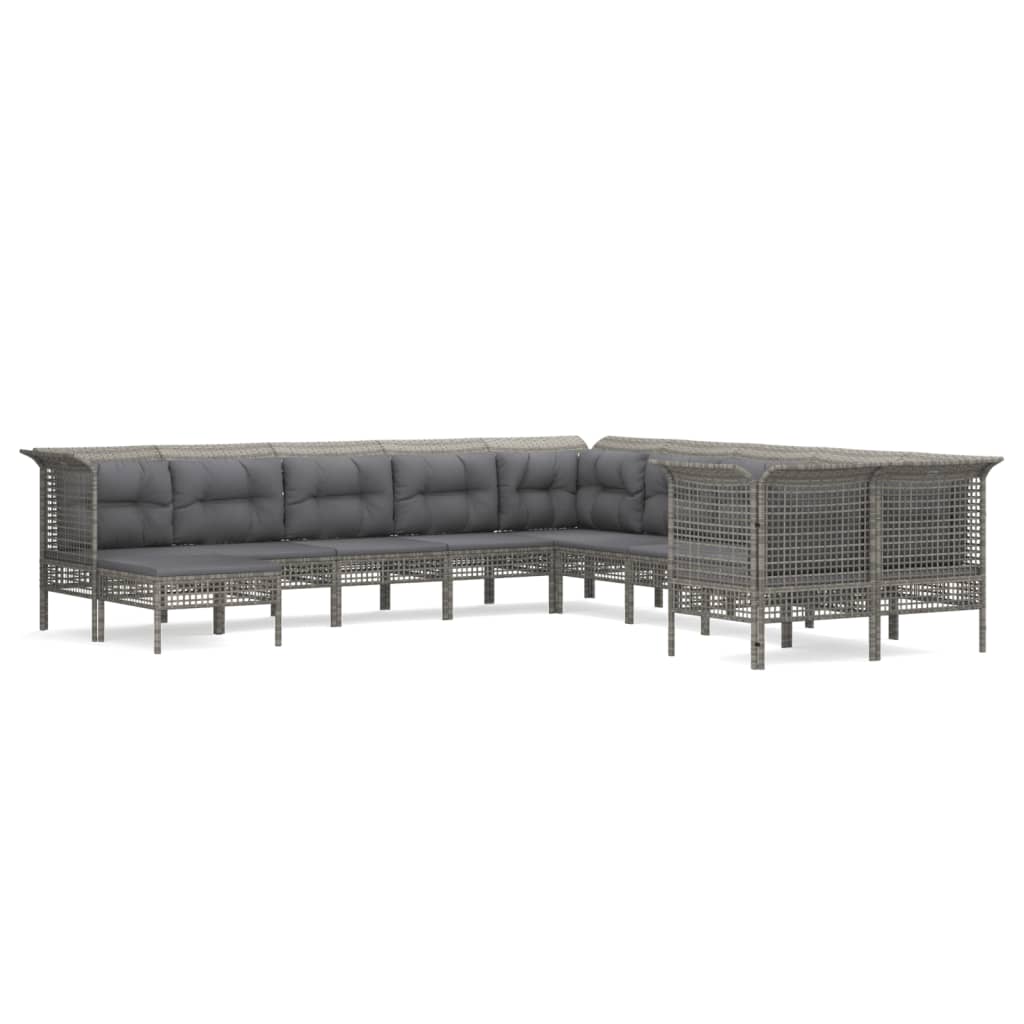 Set Divani da Giardino 10 pz con Cuscini in Polyrattan Grigio