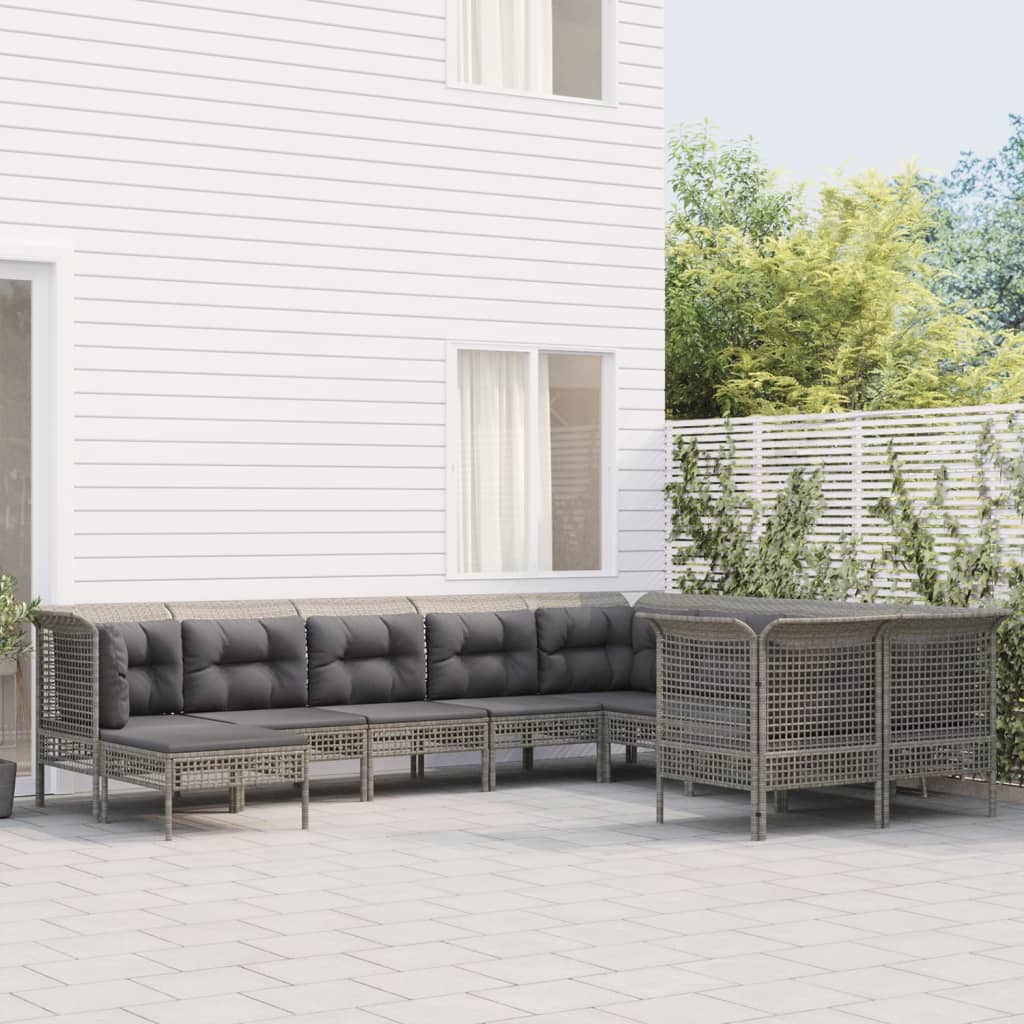Set Divani da Giardino 10 pz con Cuscini in Polyrattan Grigio
