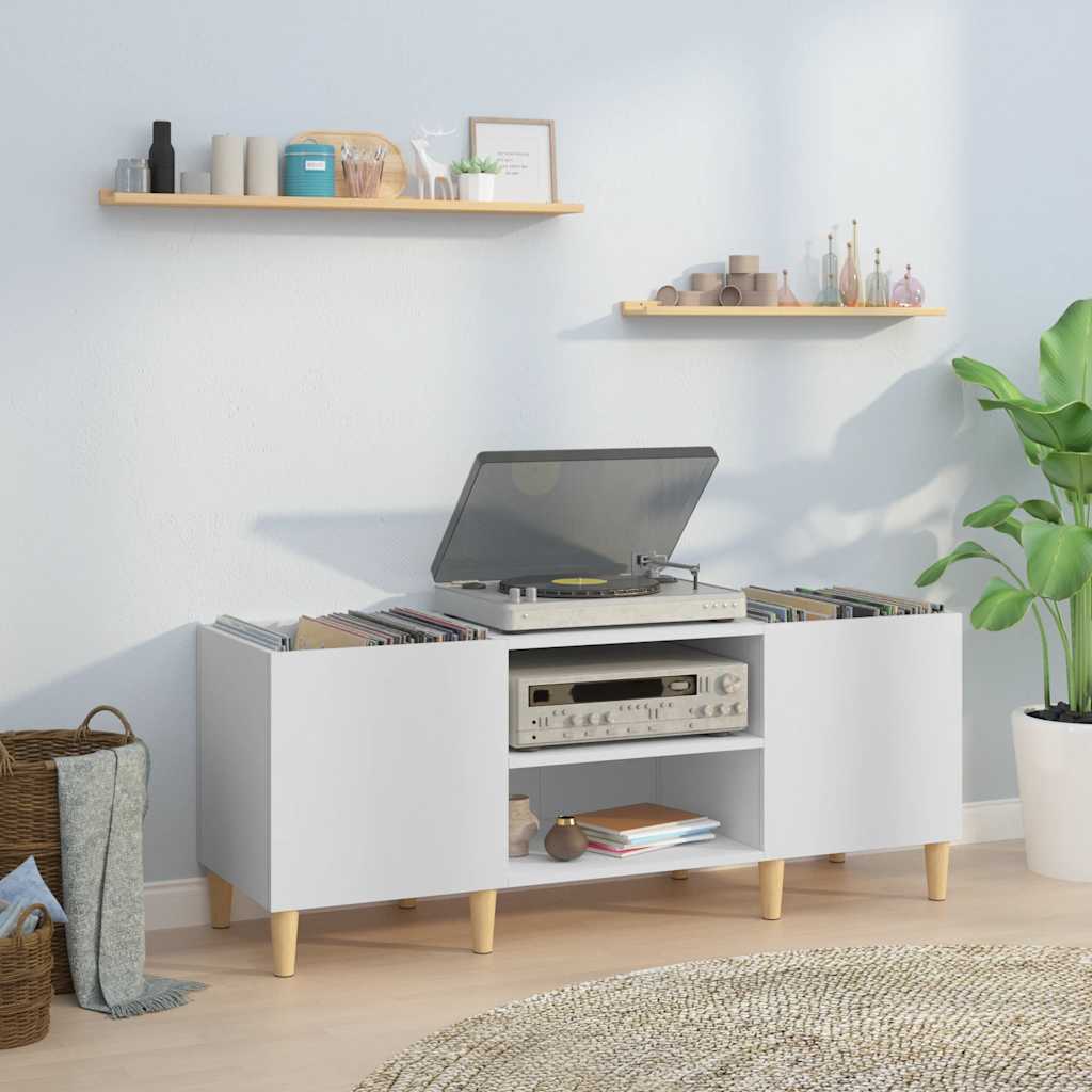 Mobiletto Porta Dischi Bianco 121x38x48 cm Legno Massello