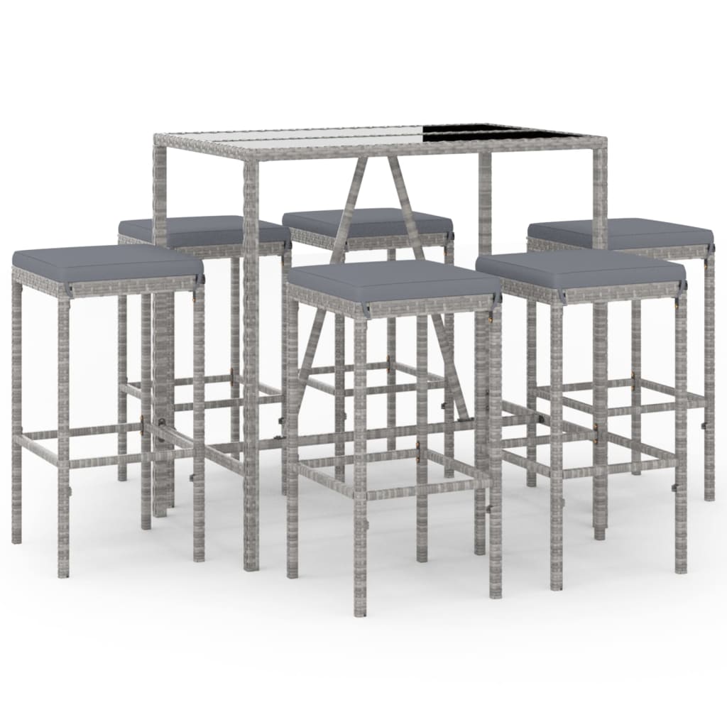 Set Bar da Giardino 7 pz con Cuscini in Polyrattan Grigio