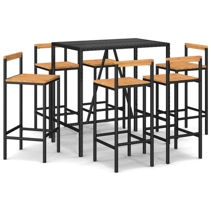 Set Bar Giardino 7 pz Nero Polyrattan e Legno Massello Acacia