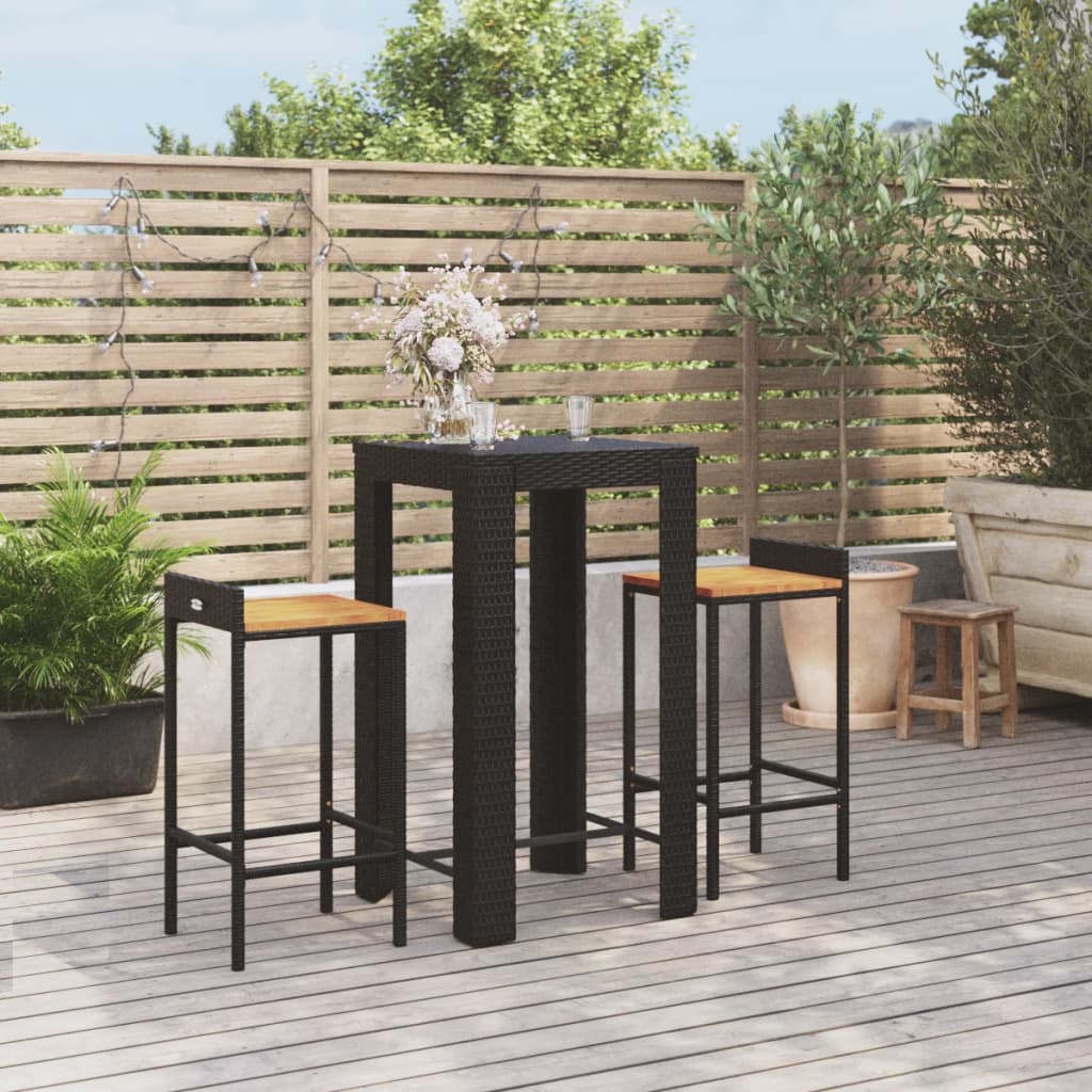 Set Bar Giardino 3 pz Nero Polyrattan e Legno Massello Acacia