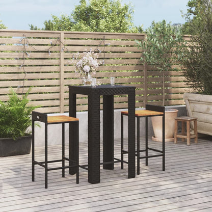 Set Bar Giardino 3 pz Nero Polyrattan e Legno Massello Acacia