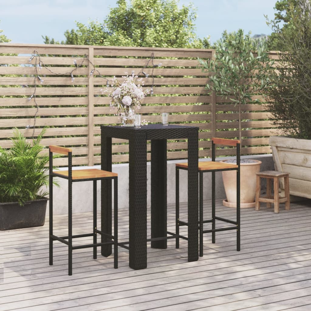 Set Bar Giardino 3 pz Nero Polyrattan e Legno Massello Acacia