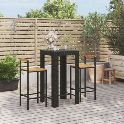 Set Bar Giardino 3 pz Nero Polyrattan e Legno Massello Acacia