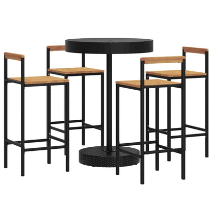 Set Bar Giardino 5 pz Nero Polyrattan e Legno Massello Acacia