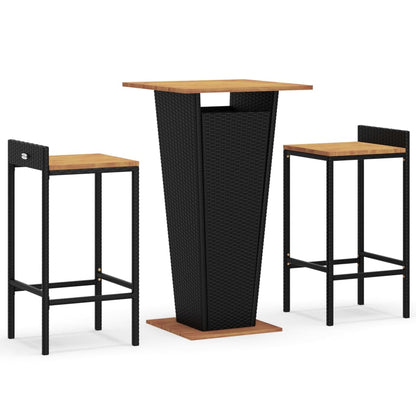 Set Bar Giardino 3 pz Nero Polyrattan e Legno Massello Acacia