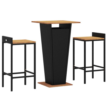 Set Bar Giardino 3 pz Nero Polyrattan e Legno Massello Acacia