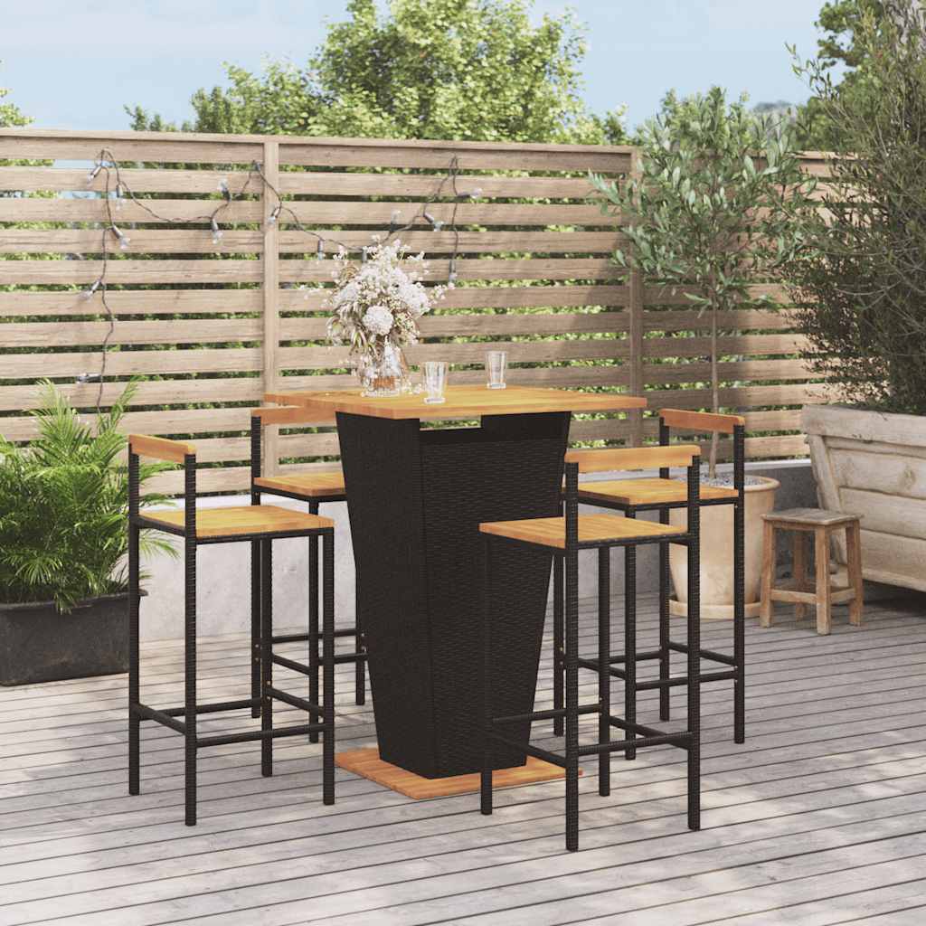 Set Bar Giardino 5 pz Nero Polyrattan e Legno Massello Acacia