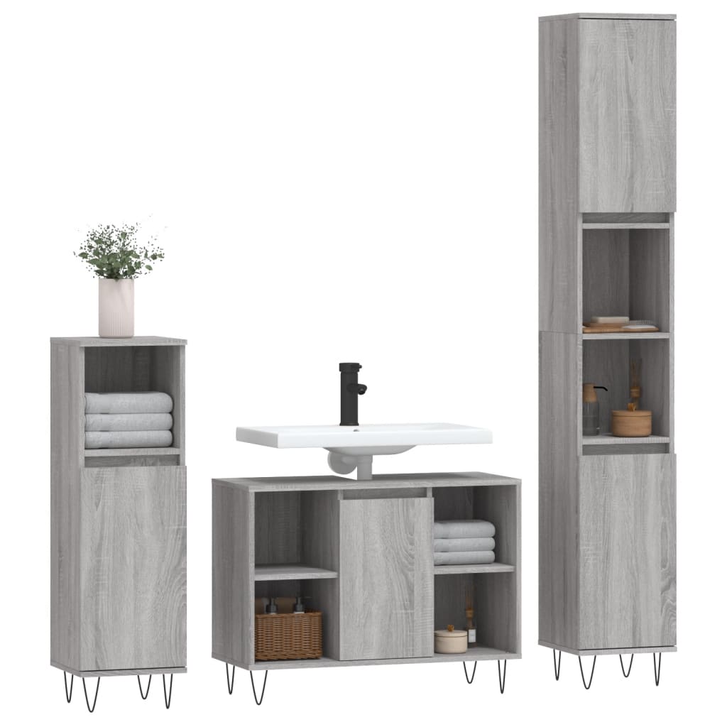 Set Mobili da Bagno 3 pz Grigio Sonoma in Legno Multistrato