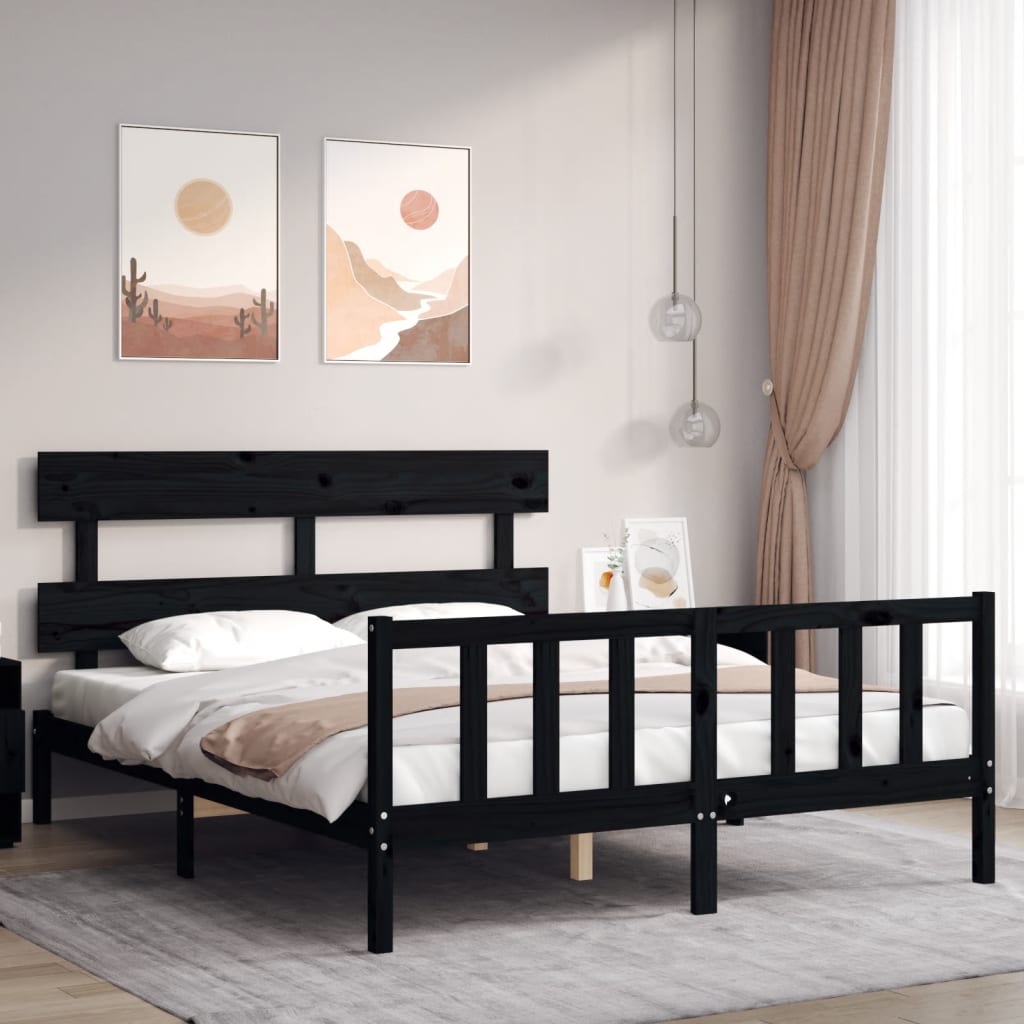 Giroletto con Testiera Nero King Size in Legno Massello
