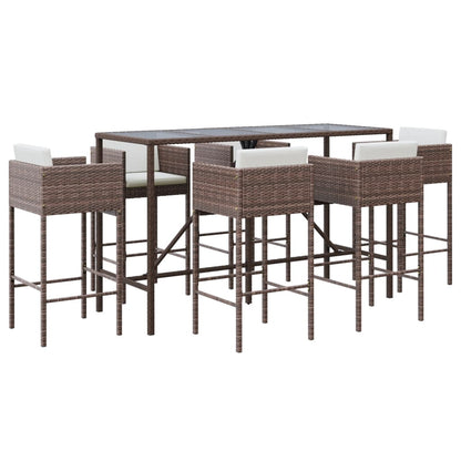 Set Bar da Giardino 7 pz con Cuscini in Polyrattan Marrone