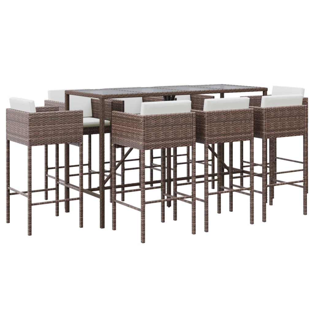 Set Bar da Giardino 9 pz con Cuscini in Polyrattan Marrone