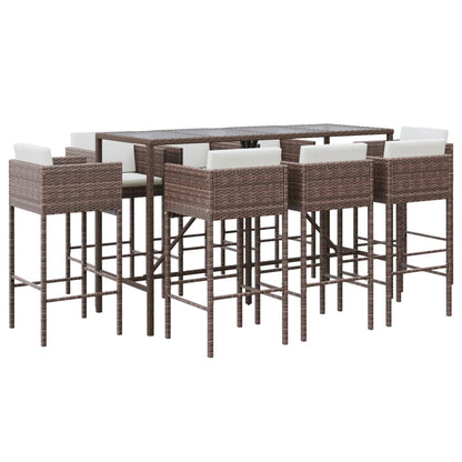 Set Bar da Giardino 9 pz con Cuscini in Polyrattan Marrone