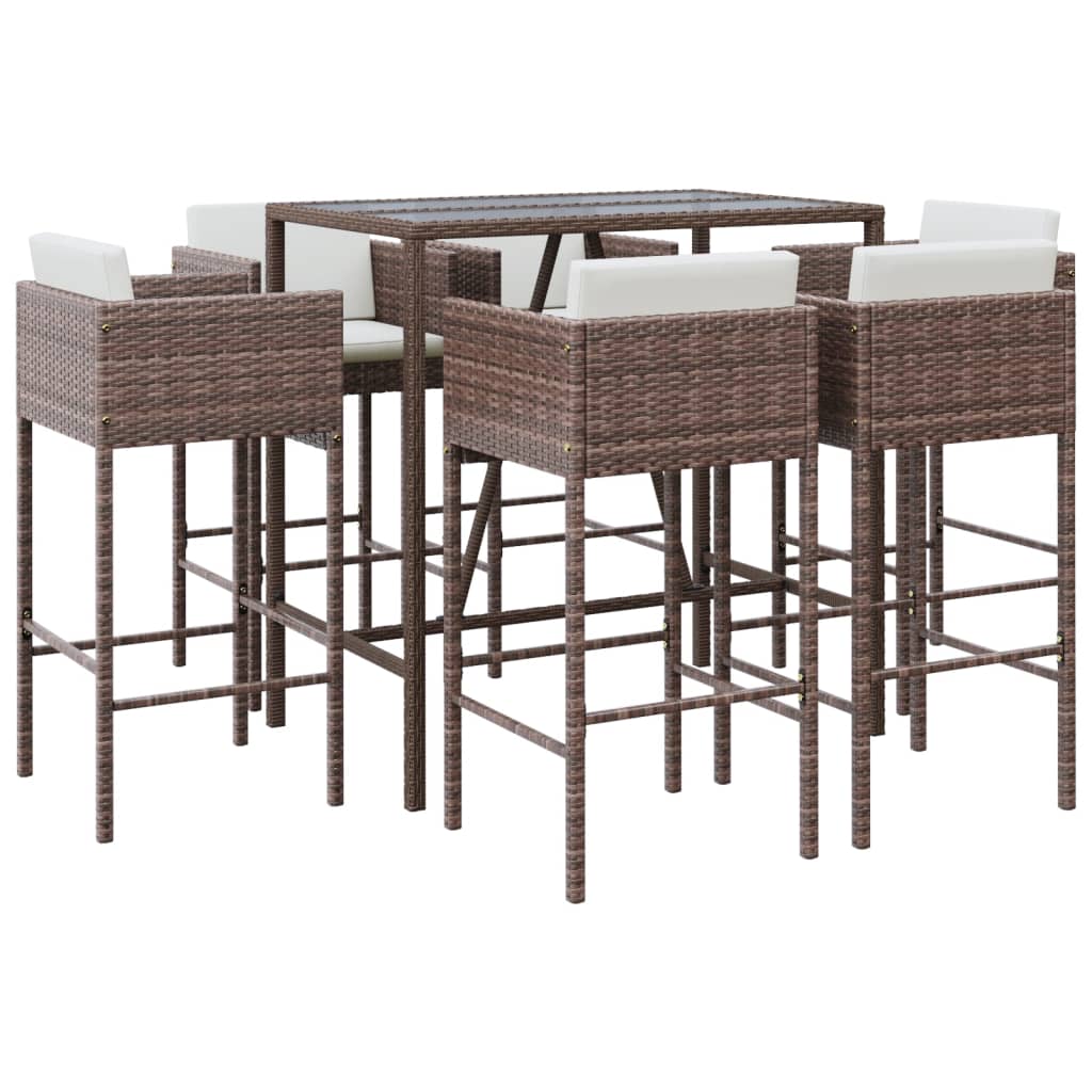Set Bar da Giardino 7 pz con Cuscini in Polyrattan Marrone