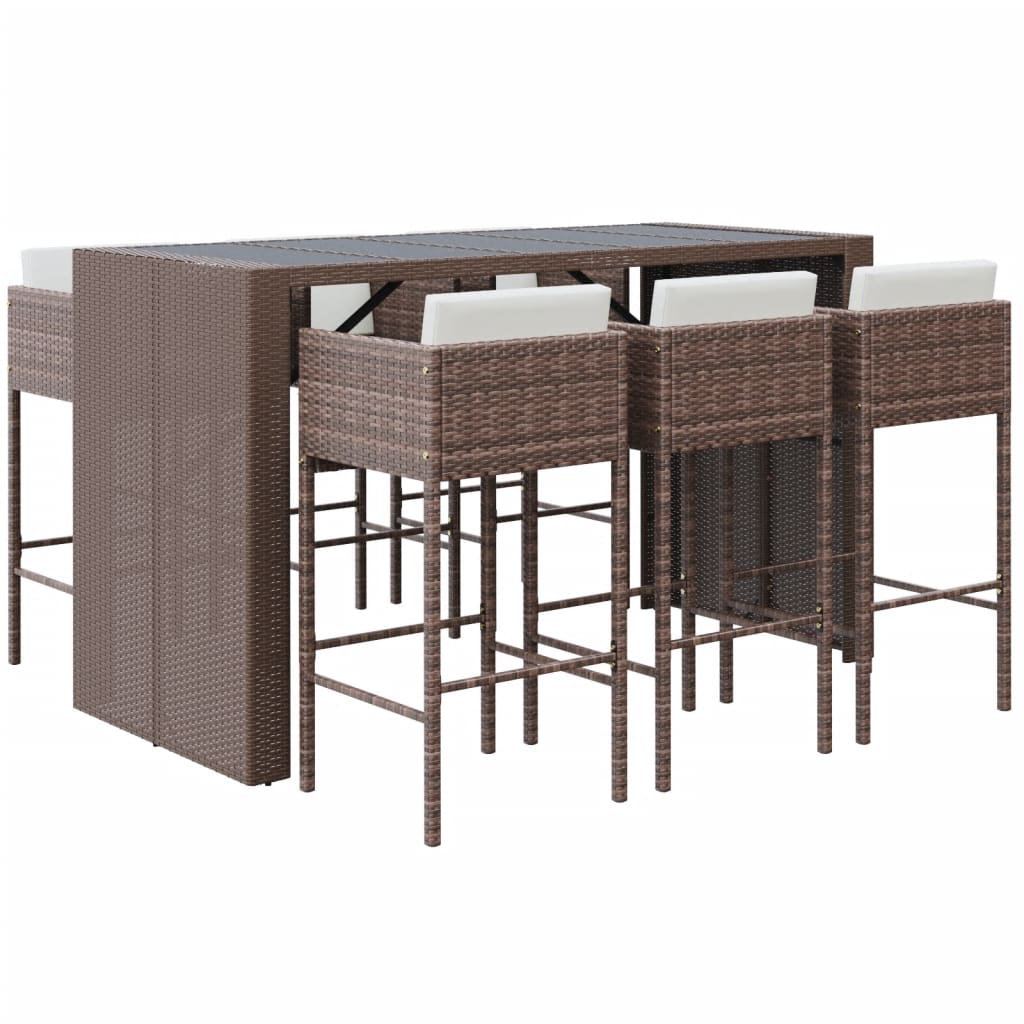Set Bar da Giardino 7 pz con Cuscini in Polyrattan Marrone