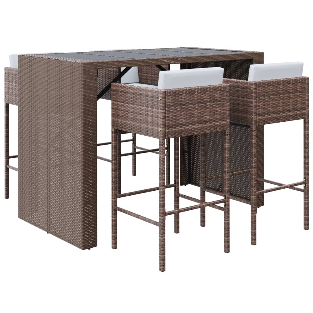 Set Bar da Giardino 5 pz con Cuscini in Polyrattan Marrone