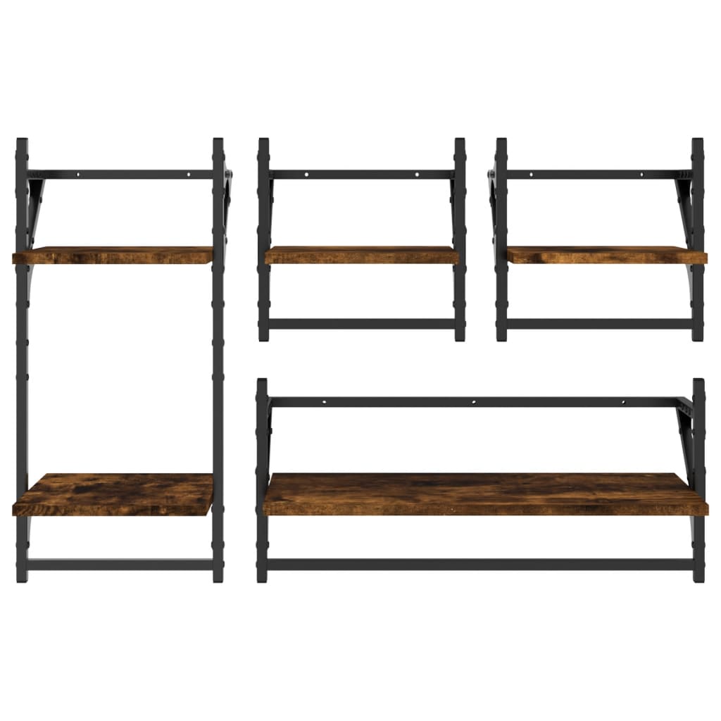 Set Mensole Parete con Aste 4pz Rovere Fumo Legno Multistrato