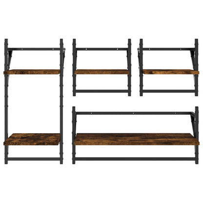 Set Mensole Parete con Aste 4pz Rovere Fumo Legno Multistrato