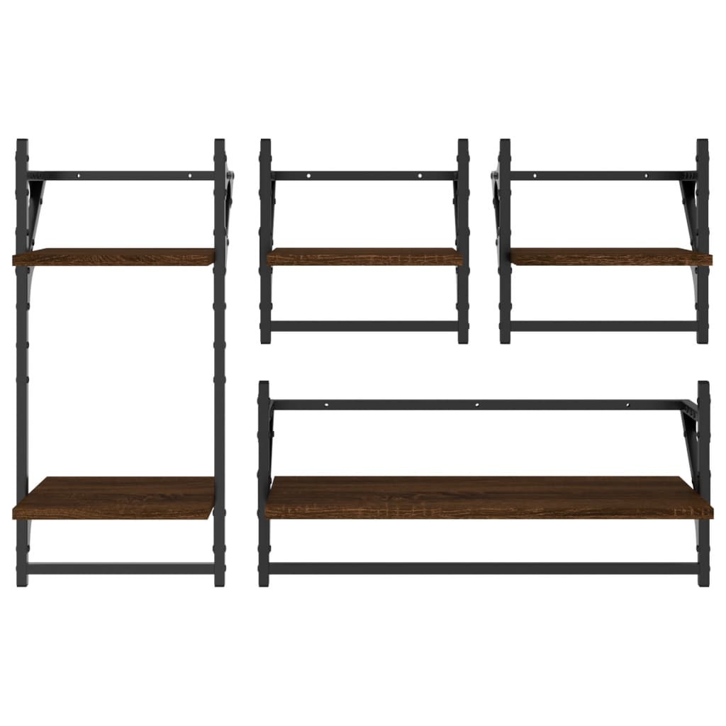 Set Mensole Parete con Aste 4pz Rovere Marrone in Multistrato