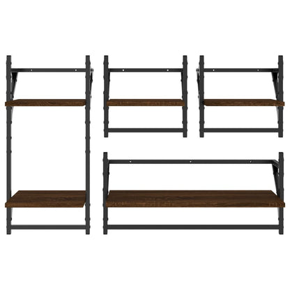 Set Mensole Parete con Aste 4pz Rovere Marrone in Multistrato