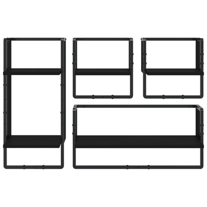 Set Mensole da Parete con Aste 4pz Nero in Legno Multistrato