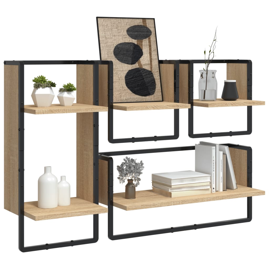 Set Mensole Parete con Aste 4pz Rovere Sonoma Legno Multistrato