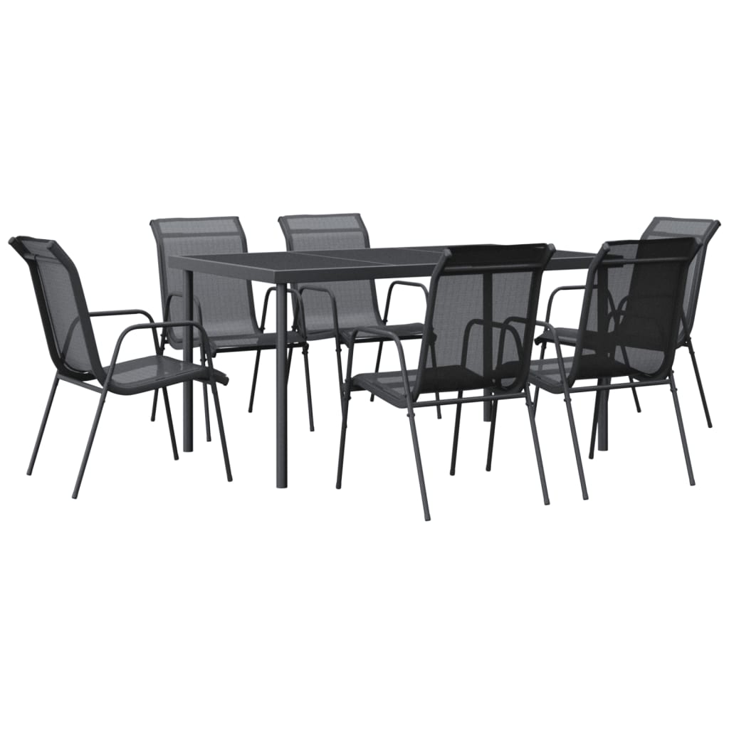 Set da Pranzo da Giardino 7 pz Nero in Acciaio e Textilene