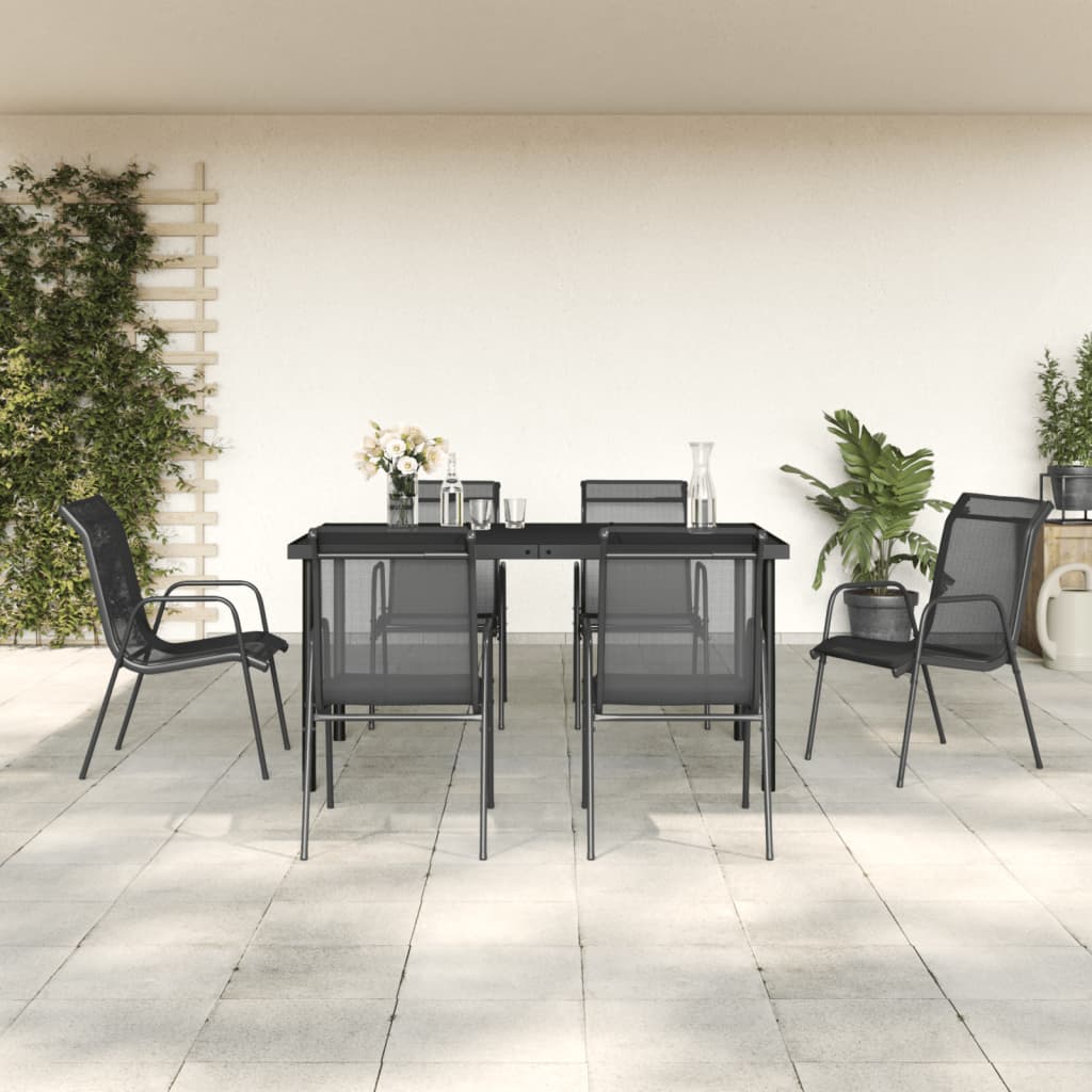 Set da Pranzo da Giardino 7 pz Nero in Acciaio e Textilene