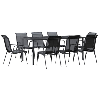 Set da Pranzo da Giardino 9 pz Nero in Acciaio e Textilene
