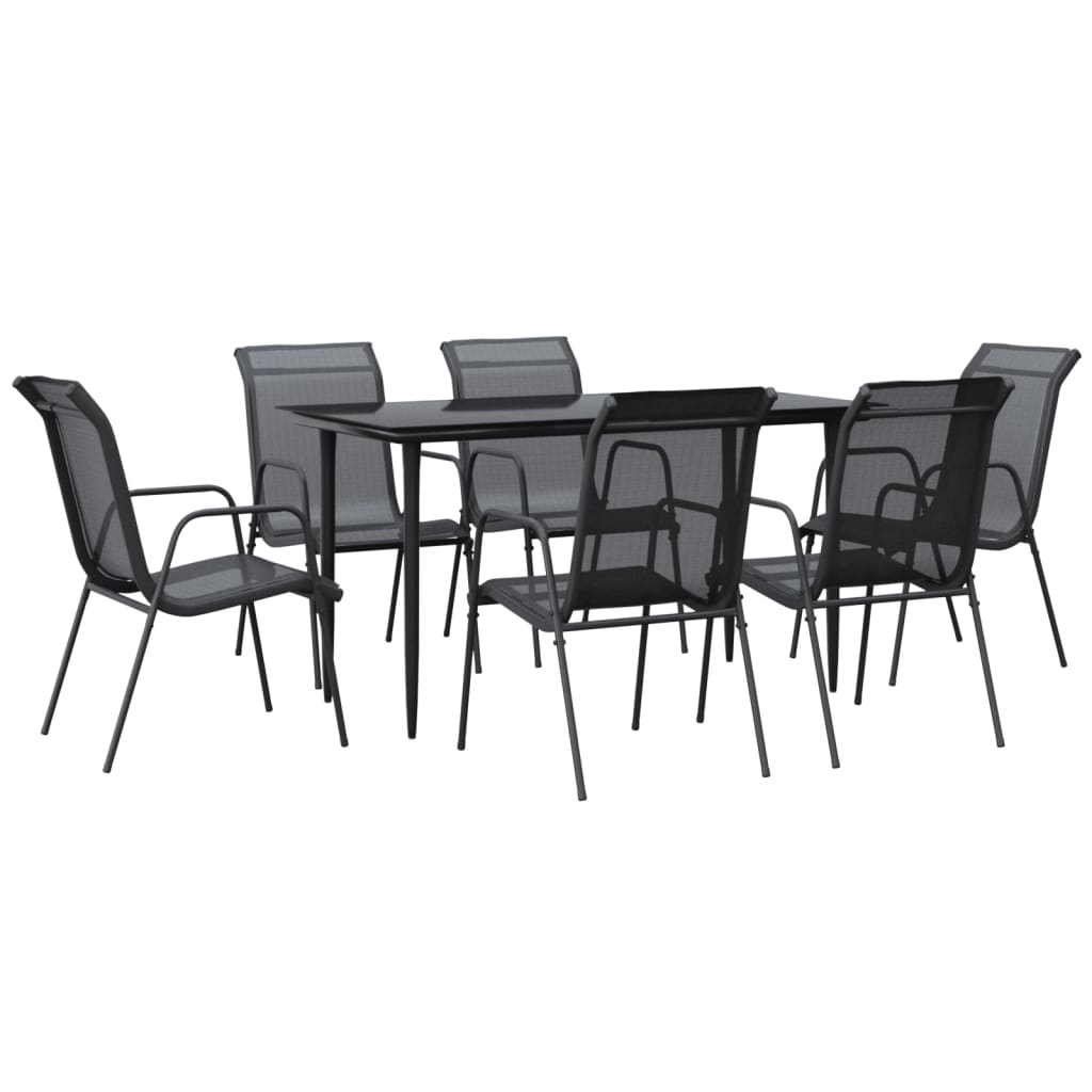 Set da Pranzo da Giardino 7 pz Nero in Acciaio e Textilene