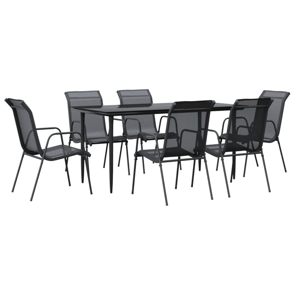 Set da Pranzo da Giardino 7 pz Nero in Acciaio e Textilene