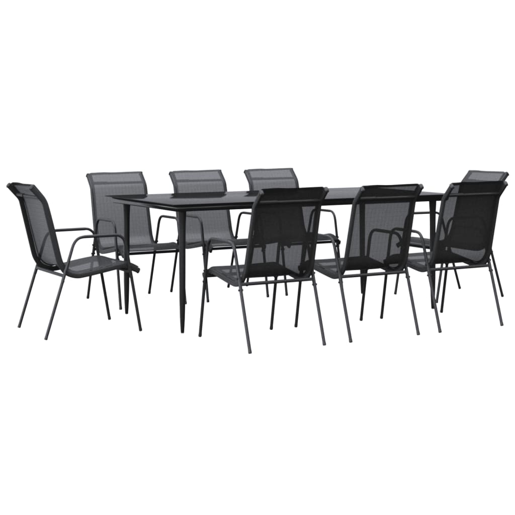 Set da Pranzo da Giardino 9 pz Nero in Acciaio e Textilene