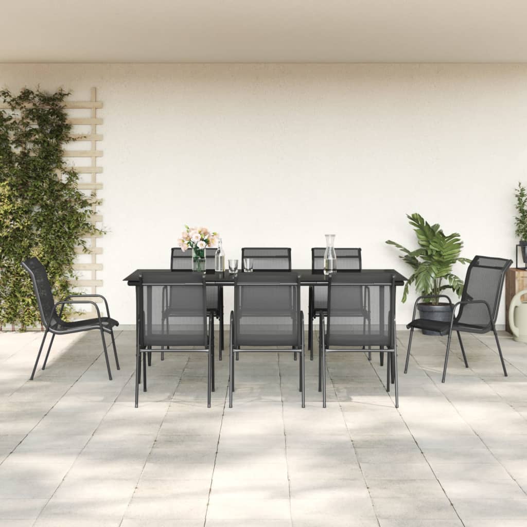 Set da Pranzo da Giardino 9 pz Nero in Acciaio e Textilene