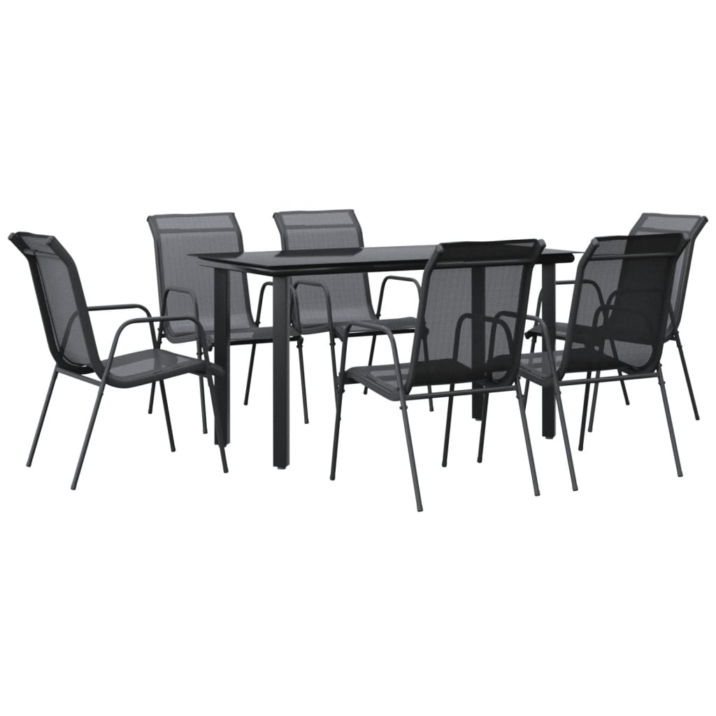 Set da Pranzo da Giardino 7 pz Nero in Acciaio e Textilene