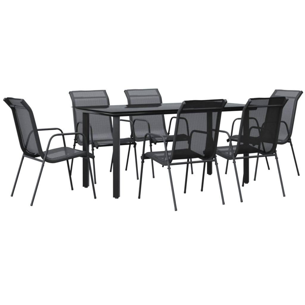 Set da Pranzo da Giardino 7 pz Nero in Acciaio e Textilene