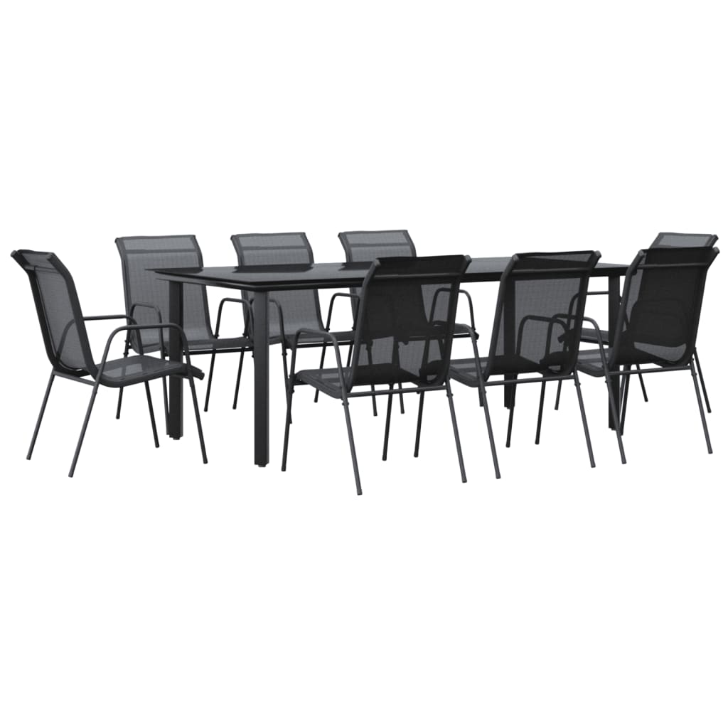 Set da Pranzo da Giardino 9 pz Nero in Acciaio e Textilene