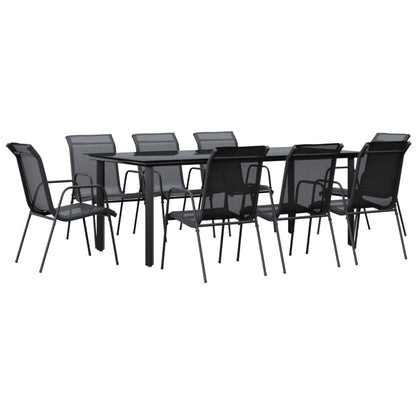 Set da Pranzo da Giardino 9 pz Nero in Acciaio e Textilene