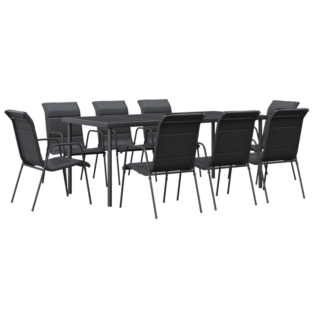 Set da Pranzo da Giardino 9 pz Nero in Acciaio e Textilene