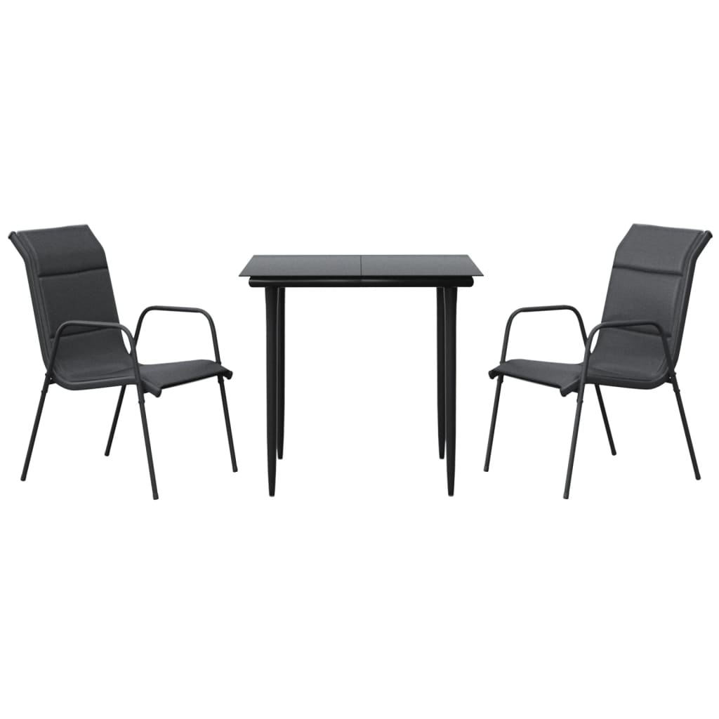 Set da Pranzo da Giardino 3 pz Nero in Acciaio e Textilene