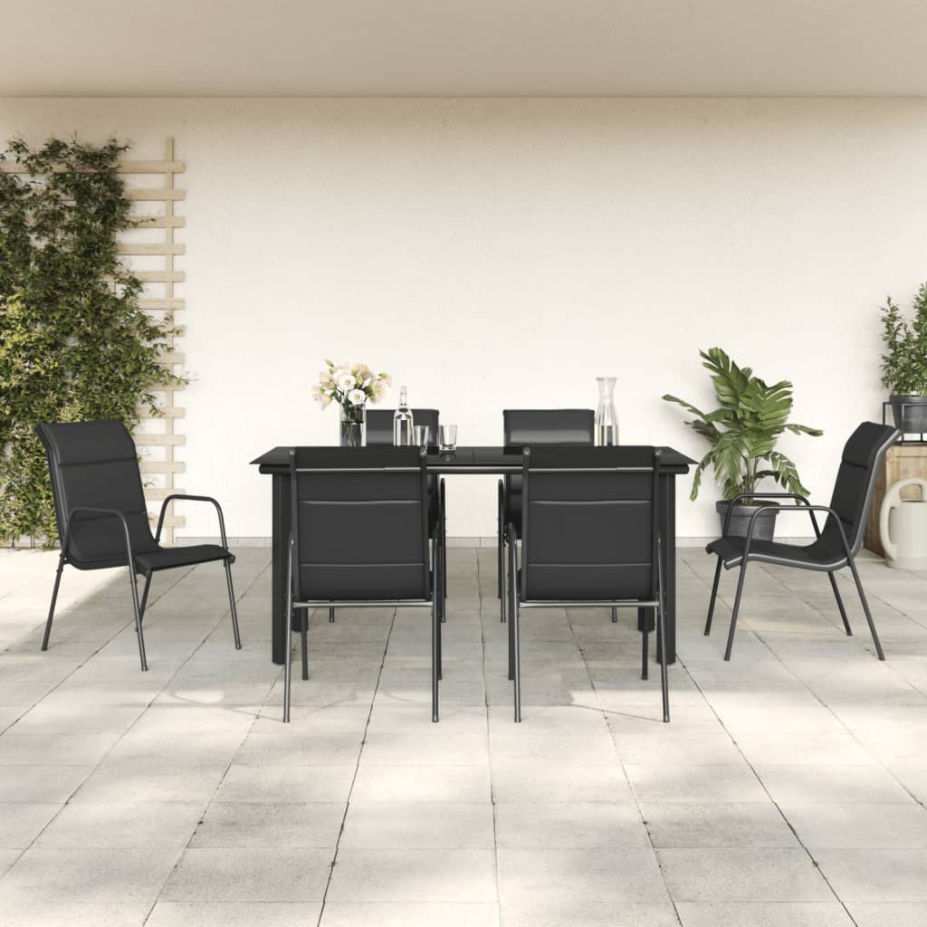 Set da Pranzo da Giardino 7 pz Nero in Acciaio e Textilene