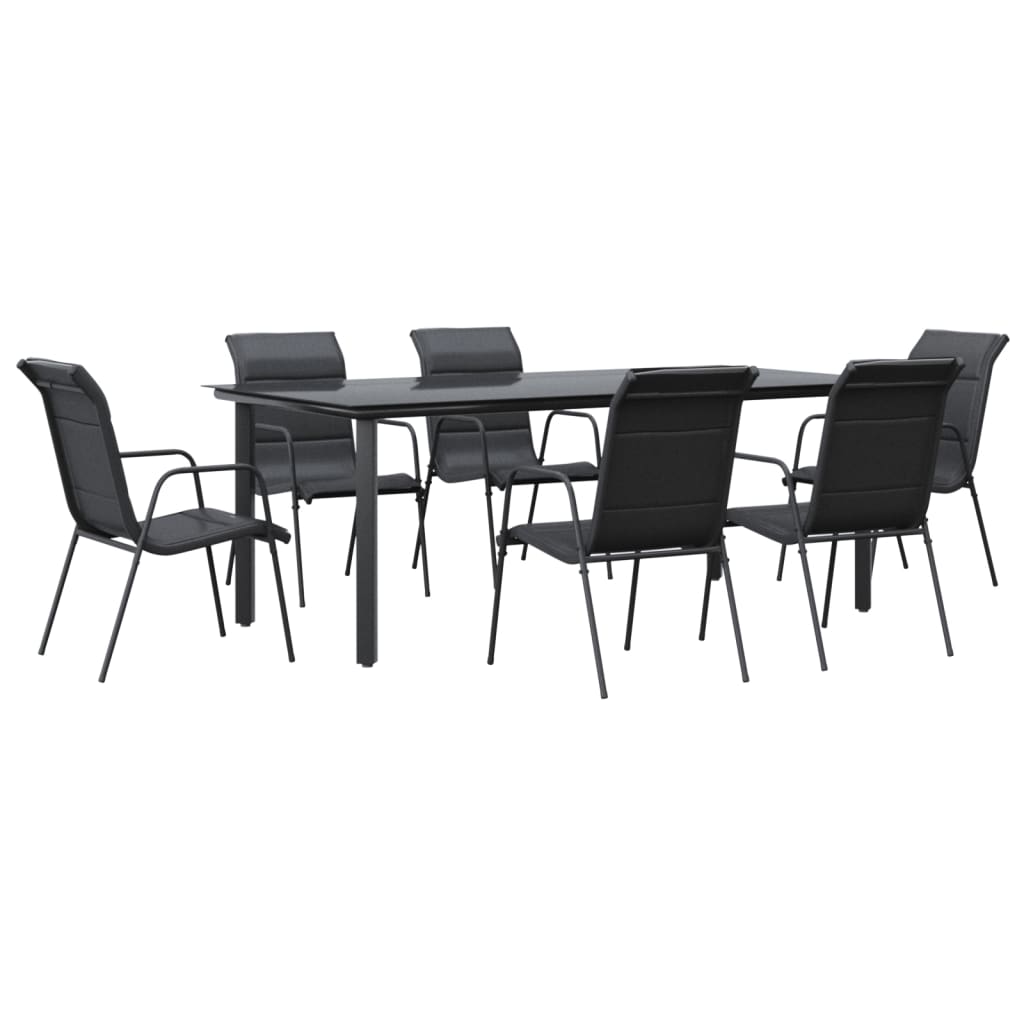 Set da Pranzo da Giardino 7 pz Nero in Acciaio e Textilene