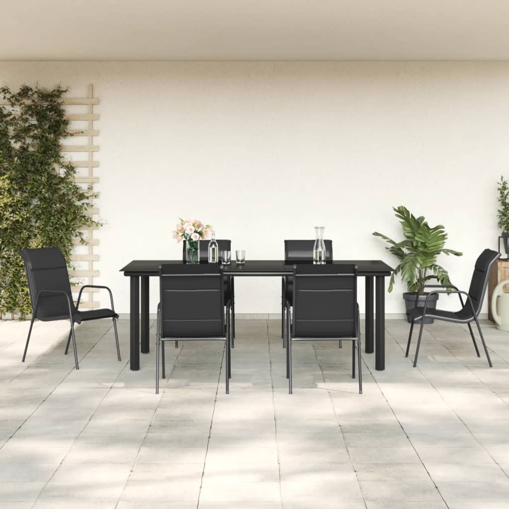 Set da Pranzo da Giardino 7 pz Nero in Acciaio e Textilene