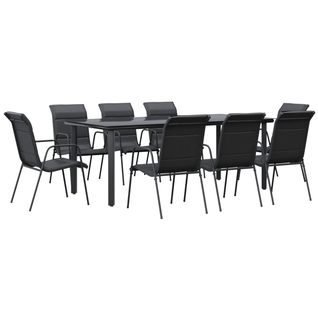 Set da Pranzo da Giardino 9 pz Nero in Acciaio e Textilene