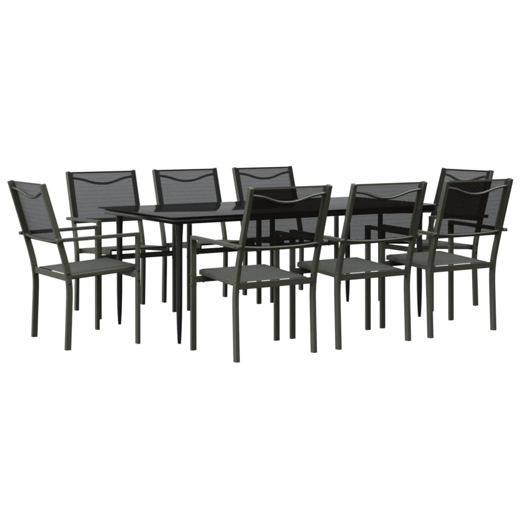 Set da Pranzo da Giardino 9 pz Nero in Acciaio e Textilene